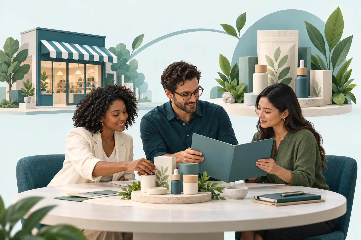 Illustration of retail partners discussing resources and a botanical product display.