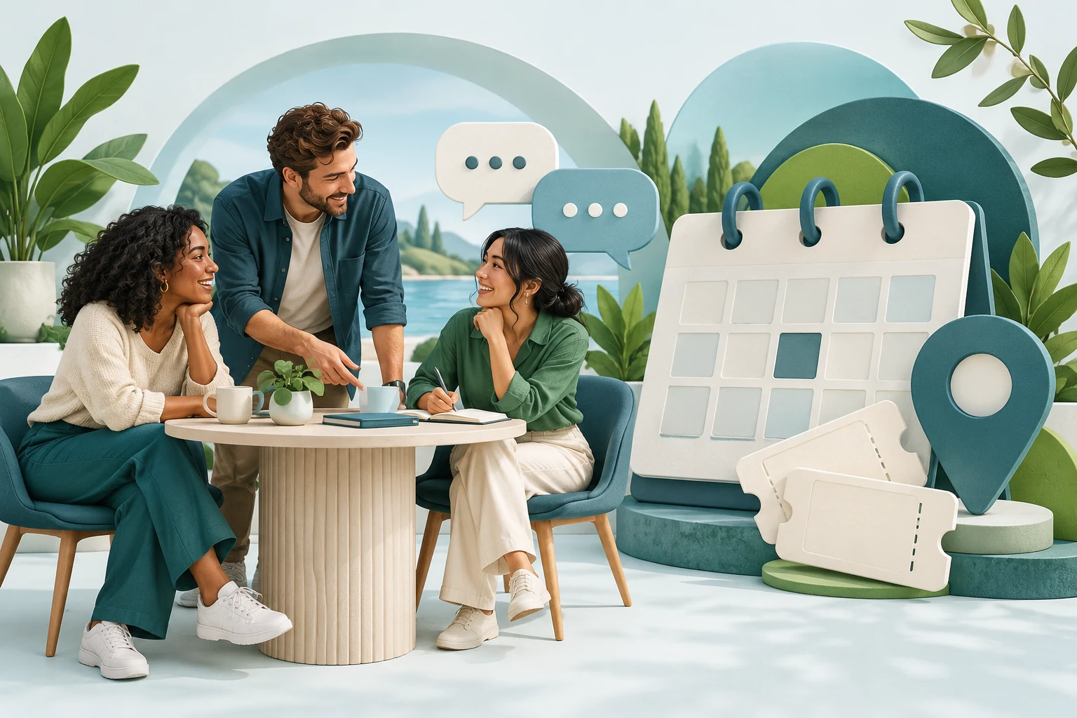 Illustration of adults planning an event with calendar, location and ticket symbols.